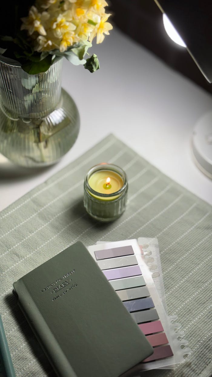Warm desk setup with a planner, candlelight, and flowers creating a peaceful workspace ambiance.